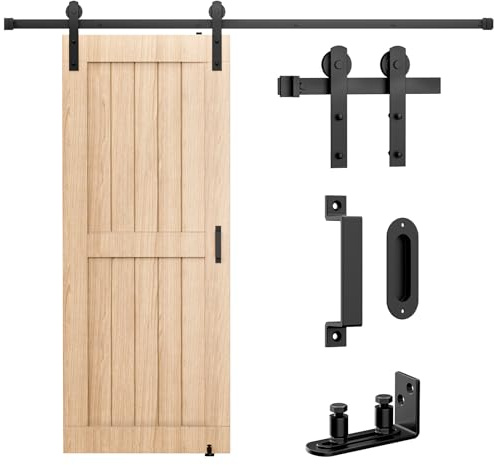 Signstek 6.6FT Sliding Barn Door Hardware Kit, Heavy Duty Whole Set (Includes Adjustable Floor Guide, 2 Handles and Dook Hook) -Smoothly and Quietly, Fit 36-40 Wide Door Panel -Black, I Shape Hanger