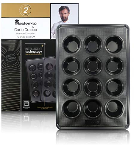 MasterPRO Cracco Stampo Per Muffin Da 12, Antiaderente, Senza PFOA, In Acciaio Al Carbonio, Nero, 42,3 x 29,8 x 3,5 Cm, Linea