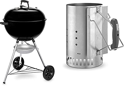 Weber Barbecue à Charbon Original Kettle 57cm - Barbecue E-5710 à Couvercle, Thermomètre, Trépied, Roues - Noir & Cheminée d'Allumage Rapidfire pour Barbecue, 20cm - Allume Barbecue en Aluminium