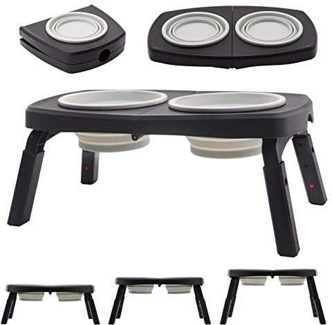 Erhöhter Hundenapf für große oder mittelgroße Haustiere, SIMMOUDE, doppelte Futter- und Wassernäpfe mit Ständer, 3 verstellbare Höhen, faltbarer Futtertisch, tragbar, Outdoor, Reisen, Wandern