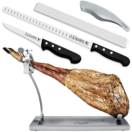 Juego Profesional de Soporte Jamonero Plegable en Acero Inoxidable y Cuchillos 3 Claveles, Funda y Chaira (TC01737K2)