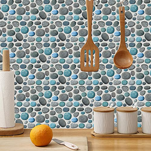 Fliesenaufkleber 15X30cm Blaue Kieselsteine 3D Selbstklebende Deko Wandaufkleber Fliesensticker für Küche und Badzimmer Vinyl Selbstklebend Wasserdicht(6 Stück)