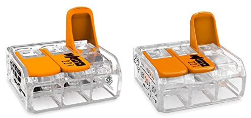 WAGO® Borne à 3 conducteurs 6mm² avec Levier 221-613 (30 pièces) Orange & 221-413 Borne de connexion 3 fils 0,2 à 4 mm² avec levier de commande, transparent modèle compact, Boite de 50