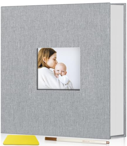 Popotop Photo Album Self Adhesive with Picture Display Window,40 Pages DIY Baby Memory Book for 4x6 8x10 Picture,Linen Cover Scrapbooking Supplies Kit for Wedding,with Scraper and Metallic Pen