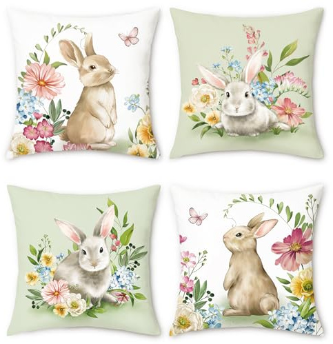 Bonhause Fundas de Cojín Conejito Primavera 45x45cm Funda de Almohada Conejo Terciopelo Suave Cojines Decorativos para Sofá Cama Hogar Exterior Pascua Decoración Juego de 4