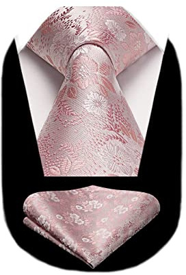 HISDERN Ties for Men Pink Tie and Pocket Square Set Classic Floral Tie Silk Necktie and Handkerchief for Wedding Party Business