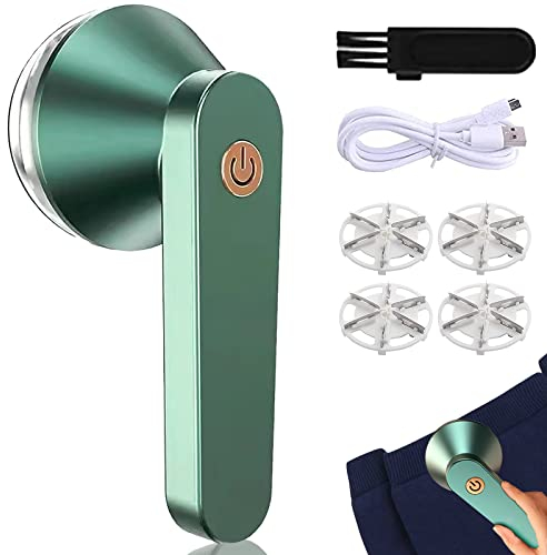 Quitapelusas Eléctrico, Afeitadora de Pelusas Eléctrica Afeitadora de Pelusas Recargable con 4 Cuchillas de Repuesto Cable USB y Cepillo para Quitar Pelusas para Ropa Pelo de Mascotas, Verde