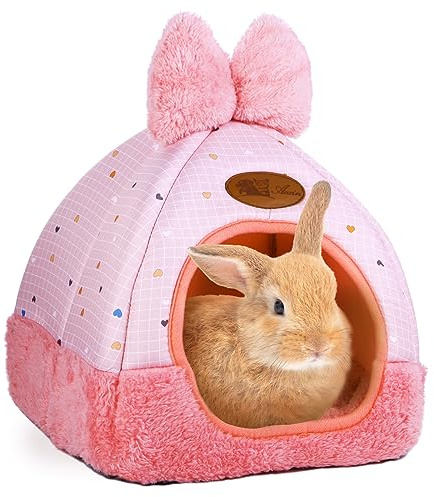 Kwerdas Bunny Bed Hideouts House Ferrets Rats Hedgehogs Chinchilla Cage Accessory for Rabbit Guinea Pig Hamster Cozy and Warm Rabbit Bed with Cute Bowknot Rabbits Hamster Bunny (Pink) ﻿
