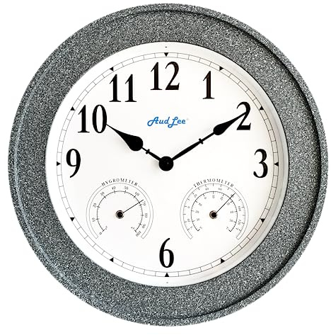 AudLee 50 cm Faux Concrete Wall Clock with Thermometer/Hygrometer | Waterproof, Indoor/Outdoor, Battery Operated, Silent Sweep
