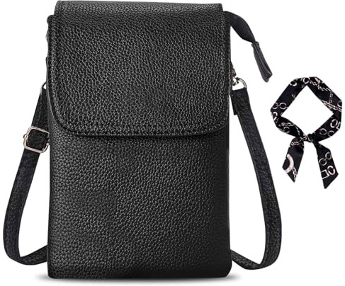 GWAWG Leder-Umhängetasche, Handy-Geldbörse, klein für Damen, Mini-Schultertasche mit langem Riemen und Schlüsselring und Schals, passend für 8 Plus oder Handy weniger 16,5 cm, Schwarz , 20 x 13 x 3