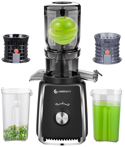 AMZCHEF Licuadora con 2 filtros patentados que no se obstruyen para frutas y verduras blandas y duras - Extractor de zumos y verduras de 250W y 103MM de gran apertura para fruta entera - Negro