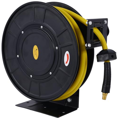 Air Hose Reel 3/8 in 50 Ft Retractable Hybrid Hose Manual Hose Reel Heavy Duty Steel Air Compressor Hose Reel Max 300PSI Quick Coupler Swivel Air Tool Hose Reel for Ceiling Wall Mount