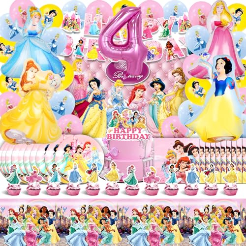 Deko Prinzessin Geburtstag für Mädchen 4 Jahre - Ballon, Hintergrund, Folienballon, Helium Luftballons, Party Deko Kindergeburtstag