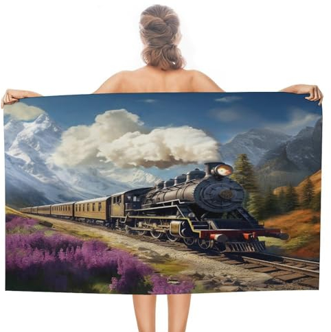 COALHO Rustikales antikes Dampflok übergroßes Strandtuch, Vintage-Ölgemälde, Frühling, Naturlandschaft, alter Dampfzug, Strandtuch, leicht, schnell trocknend, saugfähig, Badetuch, 51 x 31 cm