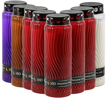 8 St. Wella Nr. 10 gemischt Premiumbrenner - Grabkerze mit einer Brenndauer von bis zu 10 Tage, 5x rot, 1x braun, 1x white, 1x lila - Gedenkkerze - Friedhofskerze - Totenkerze - Trauerkerze