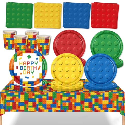 MORAINJAY 69 Pièces Vaisselles Anniversaire Kit pour Enfants à Thème Blocs Construction avec Assiettes Papier Tasses Serviettes Nappe,Idéal pour Cadeau d'Enfant,Baby Shower,Table Décoration 16 Invités