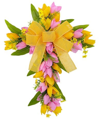 Osterkreuzkranz, künstlicher Blumenkranz, Türkranz, Frühlingskranz für Party, Zuhause, Feiertagsdekoration, Rosa Gelbe Blumen