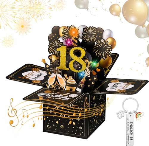taonganui 18 Geburtstagskarte mit Musik und Licht für Mädchen Junge Schwarz | 3D Feuerwerk Karte,Happy Birthday Karte,3D Pop Up Karte geburtstag,mit Schlüsselanhänger,18. Geburtstag Geschenke