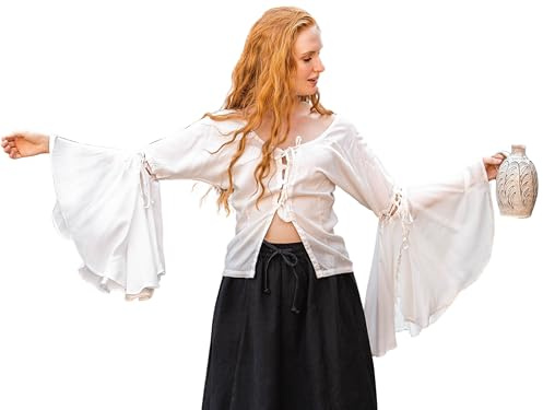 Leonardo Carbone® Blusa Carmen para mujer, manga trompeta, con cordones, carnaval, Halloween, cosplay, LARP, medieval, disfraz, túnica, gótico, renacentista, 100% viscosa, Blanco, 3XL