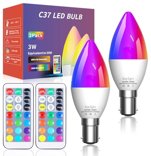 Klarlight C37 Bombilla LED RGB B15 3W Regulables Bombilla LED RGB de Colores 3W Bombilla Con Mando a Distancia, Adecuada Para Iluminación Diaria E Iluminación De Atmósfera