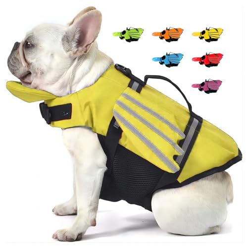 Rettungswesten für Hunde mit Flügel, Schwimmweste Hunde mit Kinnschwimmer, Leicht und Sicher für Wassersport hundeschwimmweste mit Griff und Reflektierend für Kleine Mittlere und Große Hunde Gelb XL