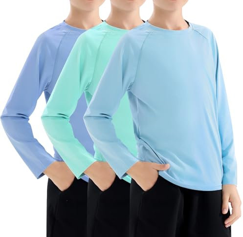 Zoofly 3 Stück Jungen Langarm Rashguard Shirt mit UPF 50+ Schutz Kinder UV Schwimmshirt Schnelltrocknend Mint/Hellblau/Blau (M/10-12)