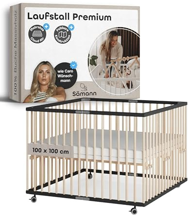 Sämann Laufstall faltbar Baby 100x100 cm mit Cloud Air Matratze | stufenlos höhenverstellbar | Laufgitter Premium | Babybett aus Holz | Krabbelgitter schwarz/natur
