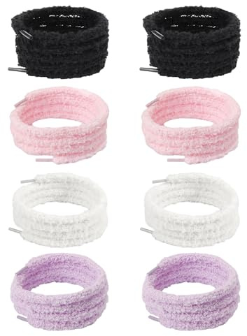 Jecdfs Lot de 4 Paires de Lacets Fluffy pour Chaussures - Lacets en Peluche pour Enfants et Adultes, Résistants et Universels, pour Baskets, Chaussures Athlétiques, Patins - Noir, Rose, Blanc, Violet
