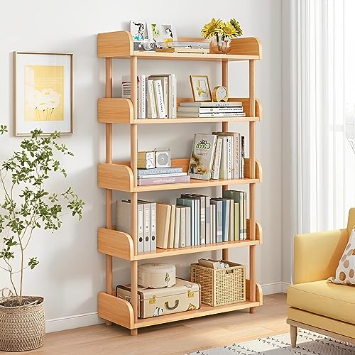 OSCHF offenes Bücherregal mit 5 Ebenen, Eiche | Modernes Holzregal mit Kantenschutz, Massivholzrahmen, für Wohnzimmer, Arbeitszimmer und Büro