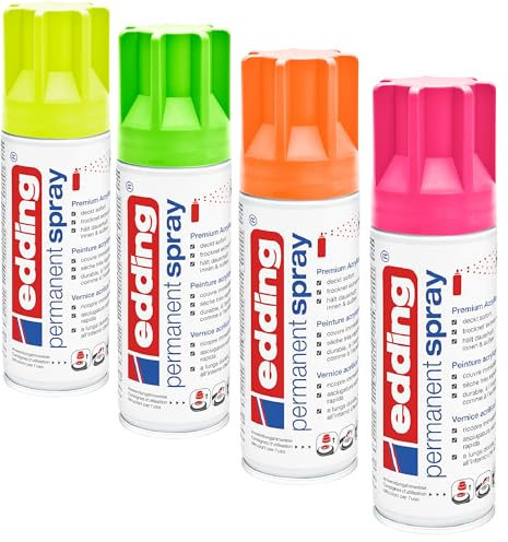 edding 5200 Permanent Spray - 200 ml - Acryllack zum Lackieren und Dekorieren von Glas, Metall, Holz, Keramik, Kunststoff, Leinwand - Lackspray, Acrylspray, Farbspray (Neon Set 4er Pack)