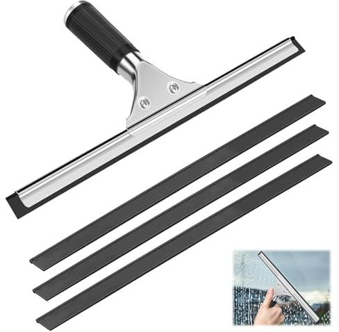 30 cm, lavavetri professionale, in acciaio inox, con 4 bordi in gomma di ricambio, per vetro, bagno, piastrelle, pulizia finestre, colore nero