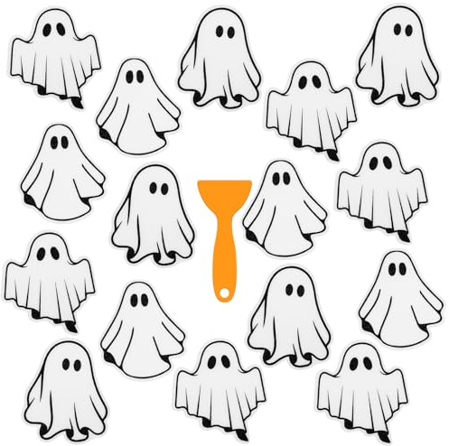JarThenaAMCS 24 Pcs Halloween Non Slip Bathtub Sticker with Scraper White Groovy Ghost Anti Slip Shower Tread Adhesive Shower Decal for Bathroom Floor Decoration