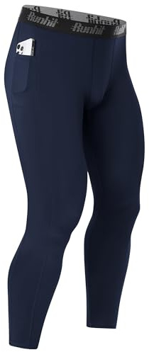 Runhit Kompressionshose Herren Lange Tights Sport Leggings mit Taschen Schnelltrocknende Trainingshose Atmungsaktiv Laufhose Kompression Hose für Fitness Joggen Training Basketball Marineblau M