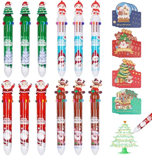 12 Pezzi Penna a Sfera Natalizia, 12 Biglietti di Natale, 10 in 1 Penne Multicolore Natalizie, Penne a Sfera con Biglietto Auguri Natale, Regalo Accessori Feste Natalizie, Gadget Natalizi Cancelleria