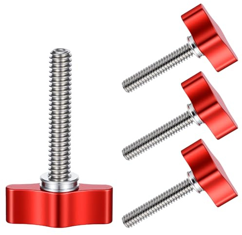 4 Pcs 1/4-20 x 1-1/4 Inch Thumb Screws, Stainless Steel Standard, Coarse Thread Thumbscrew, with Red Adjustable Tee Wing Aluminum Knob for Woodworking, Indoor, Outdoor, Equipment Remove Replace