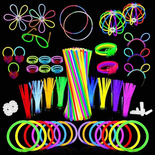 Party Favors | 100 Pcs 8 Inch Glow Sticks Pack with 5 Other Different Types Connector | Bracelet | Necklet | Triple Bracelet | Ball | Flower | Butterfly | Eye Glass | Headband | Total 225 Pcs Fun Gift