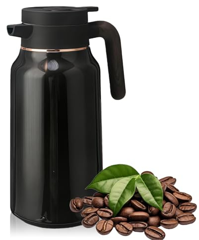 Termoskanna 2 l, termoskanna 2 liter 304 rostfritt stål dubbelväggig isoleringskanna med pressförslutning, kaffekanna med handtag med träutseende, 36 timmar varm/kall tekanna, termo för kaffe, te