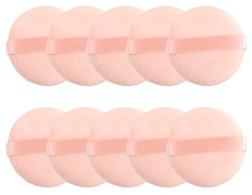 10Pcs Powder Puffs for Face Powder, Cotton Makeup Puffs, Velour Powder-Puff with Ribbon, Round Powder-Puff for Loose Powdesr Mineral Powder-Body Powder-Powder-Foundation