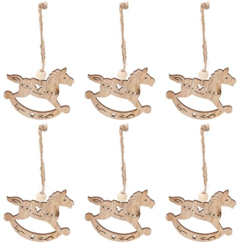UKCOCO 6er-Set Holz Schaukelpferd Anhänger für Weihnachtsbaum | Bruchsicheres naturholz, vintage design, ideal als geschenkanhänger, platzsparend zu verstauen, festliche winterdeko
