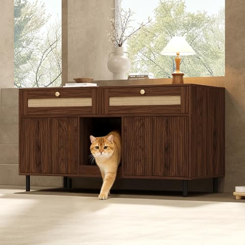 Soweiz Armario de arena para gatos con alfombrilla para arena para gatos, armario para mascotas con cajón de ratán, armario para mascotas, armario para TV, sin caja de arena para gatos, 120 x 50 x 65