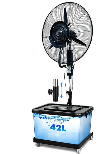 Qwerjkl Ventilador Nebulizador Industrial de Pie con Ruedas | Depósito de 42L, 3 Velocidades y Oscilación 90° | Climatizador de Gran Alcance para Exteriores, Terraza, Patio y Garaje