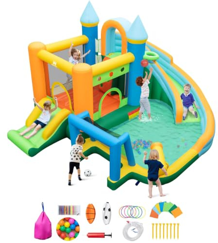 Hüpfburg Outdoor XXL, Hüpfburg mit Wasserrutsche,Wasserpark Kinder mit Wasserbecken, Wasser Hüpfburgen mit Basketball, Fußball, 50 Ozeanbällen, Nass-&Trocken Bouncy Castle, 4x4,6x2,5m (ohne Gebläse)