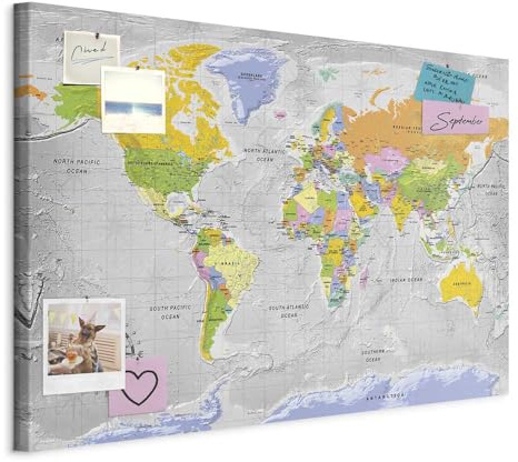 murando - Mapamundi con tablero para clavar chinchetas 120x80 cm - Cuadro | Lienzo estructurado - Panel de Fibra - Mapa del Mundo Continente