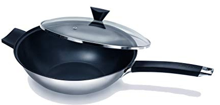Ken Hom Ensemble de Wok Revêtement Antiadhésif Acier Inoxydable | 32cm | Excellence | Set de 2 Pièces/Poele Wok Induction avec Couvercle en Verre | Passe au lave-vaisselle | Garantie de 5 ans