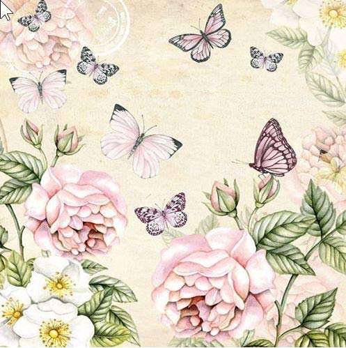 20 Servietten Botanischer Garten auf Creme als Tischdeko für den Frühling und Sommer mit Rosen 33x33cm