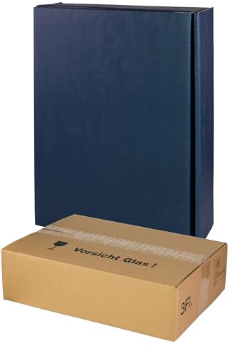 5x Versand-Set / 3er Flaschen Geschenkkarton Blau, Leinenoptik + zertifizierter Versandkarton
