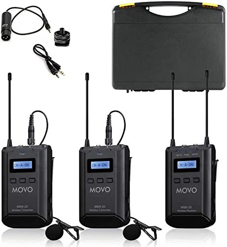 Sistema de micrófono de Solapa inalámbrico Movo WMX-20-DUO de 48 Canales con 1 Receptor, 2 transmisores y 2 micrófonos de Solapa compatibles con cámaras DSLR (Alcance de Audio de 100 Metros)