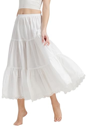 BEAUTELICATE Falda Mujer Algodón Larga Corta Combinación Enaguas para Vestido Boda Antiestática Negro Marfil con Encaje Dobladillo （Marfil-90cm de Longitud,M）