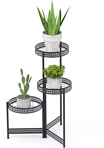 unho Porte Plantes Fer Forgé Étagère Plante Métallique de 3 Niveaux, Escalier pour Plantes Fleurs Rotative Idéal pour Maison Balcon Jardin Charge Max 15kg - 51x70cm - Taille S