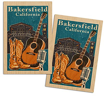 Bakersfield, California, Woodblock (4x6 Birch Wood Postcards, 2-Pack Stationary, Rustic Home Wall Decor)